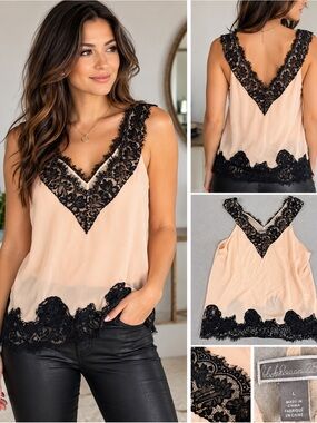Naked Zebra Blush Black Lace Camisole Top L Romantic Sheer Y2K